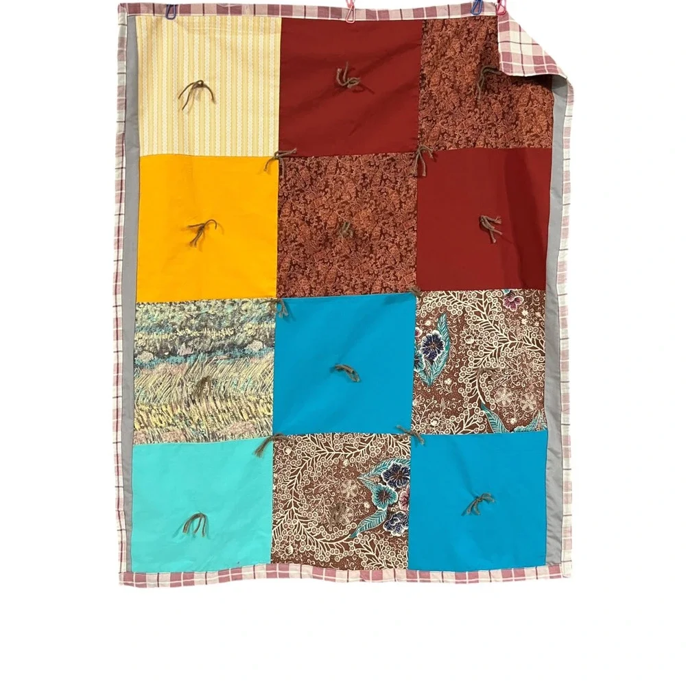 Handmade Boho Patchwork Lap Quilt 32x42 Tied Turquoise Rust Brown